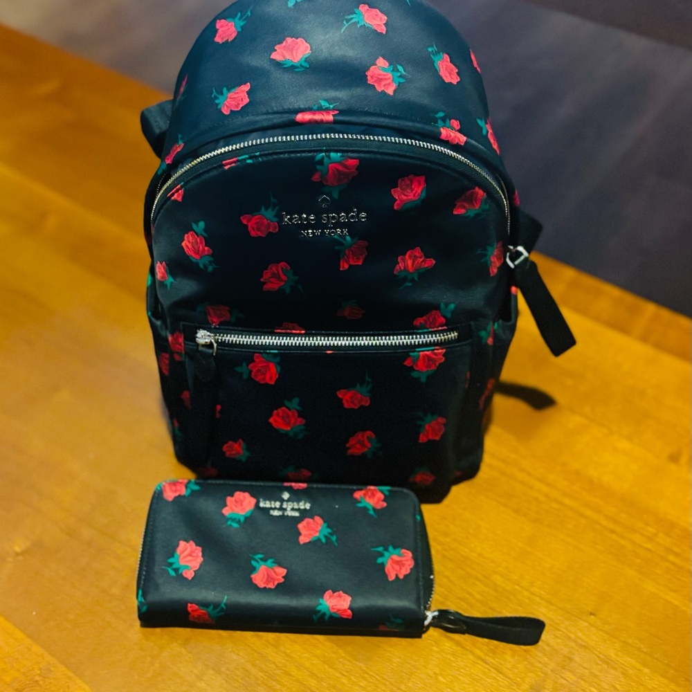 Kate Spade Black Backpack and Wallet Set with Red Floral Print. - Picture 4 of 9